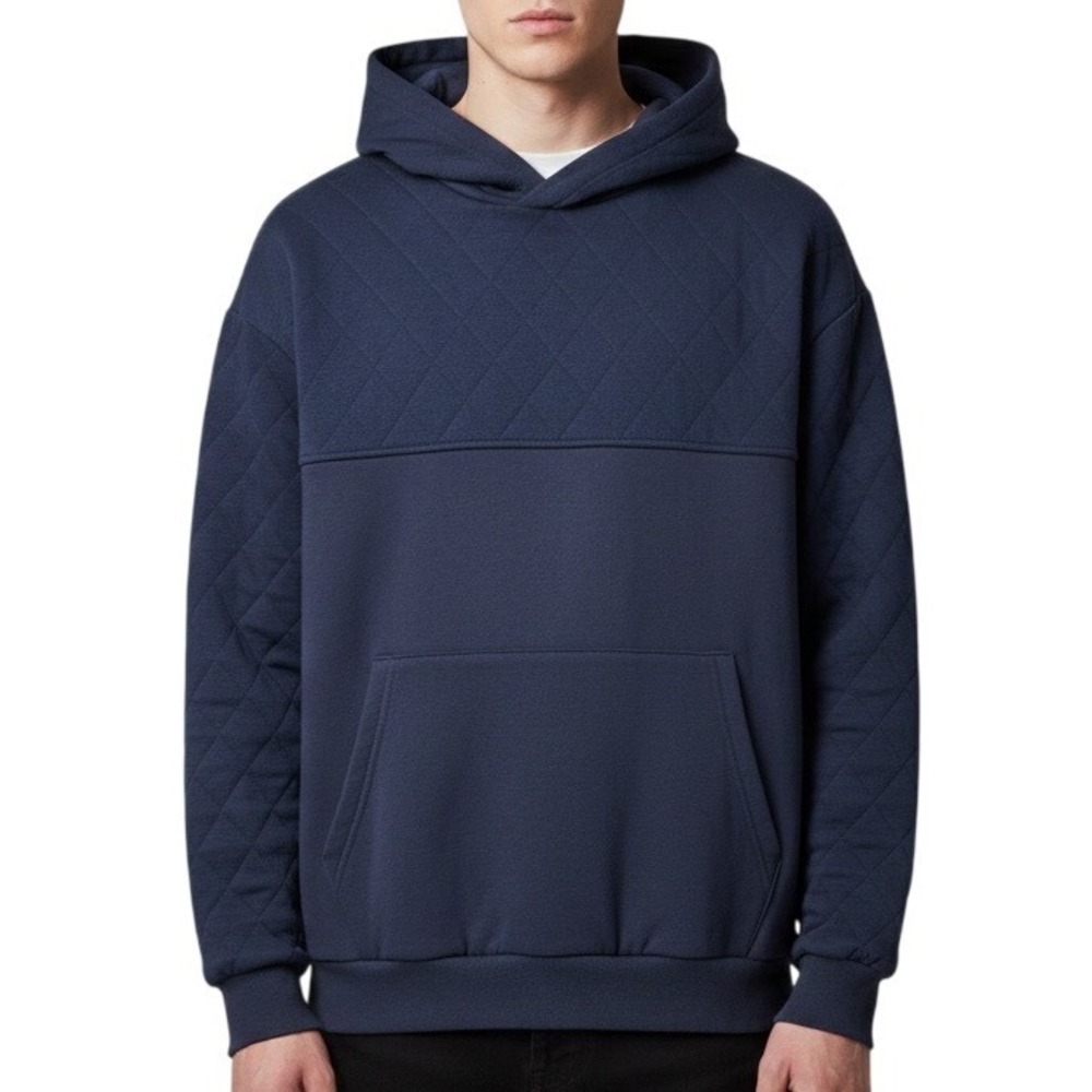Navy Blue Quilted Panel Hoodie Sweatshirt Size 2XL Polyester